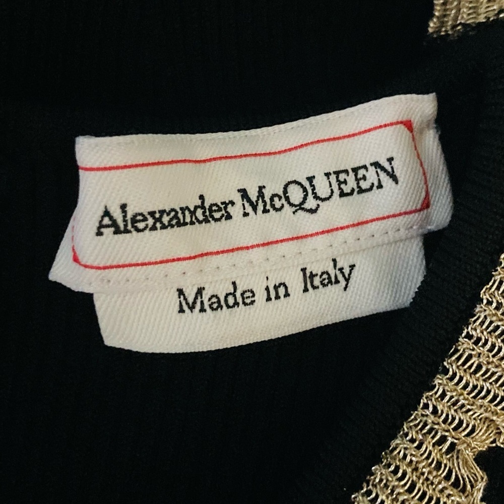 Alexander McQueen stretch black top w/open knit puff sleeves & gold lace trim. S - Picture 5 of 7